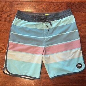 Quiksilver Men's Striped Swim Shorts - Blue and red size 31